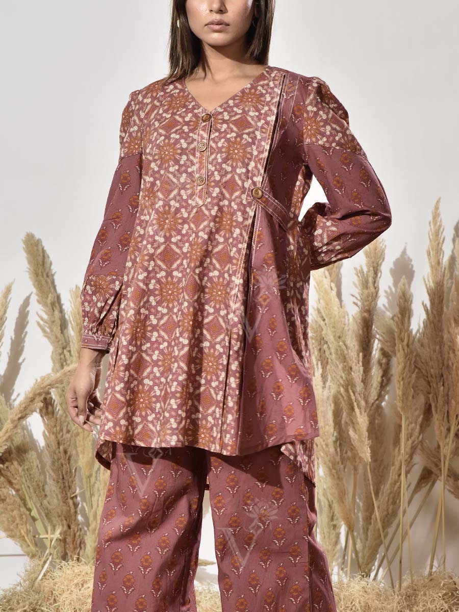 Brown Cotton Printed Co Ord Set