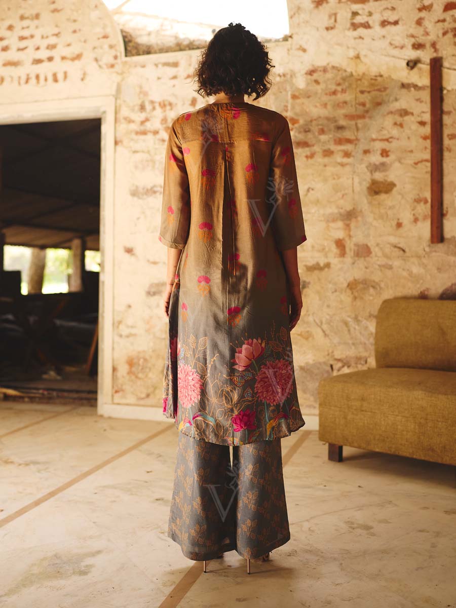 Brown Grey Vasansi Silk Embroidered Kurta and Pant Set