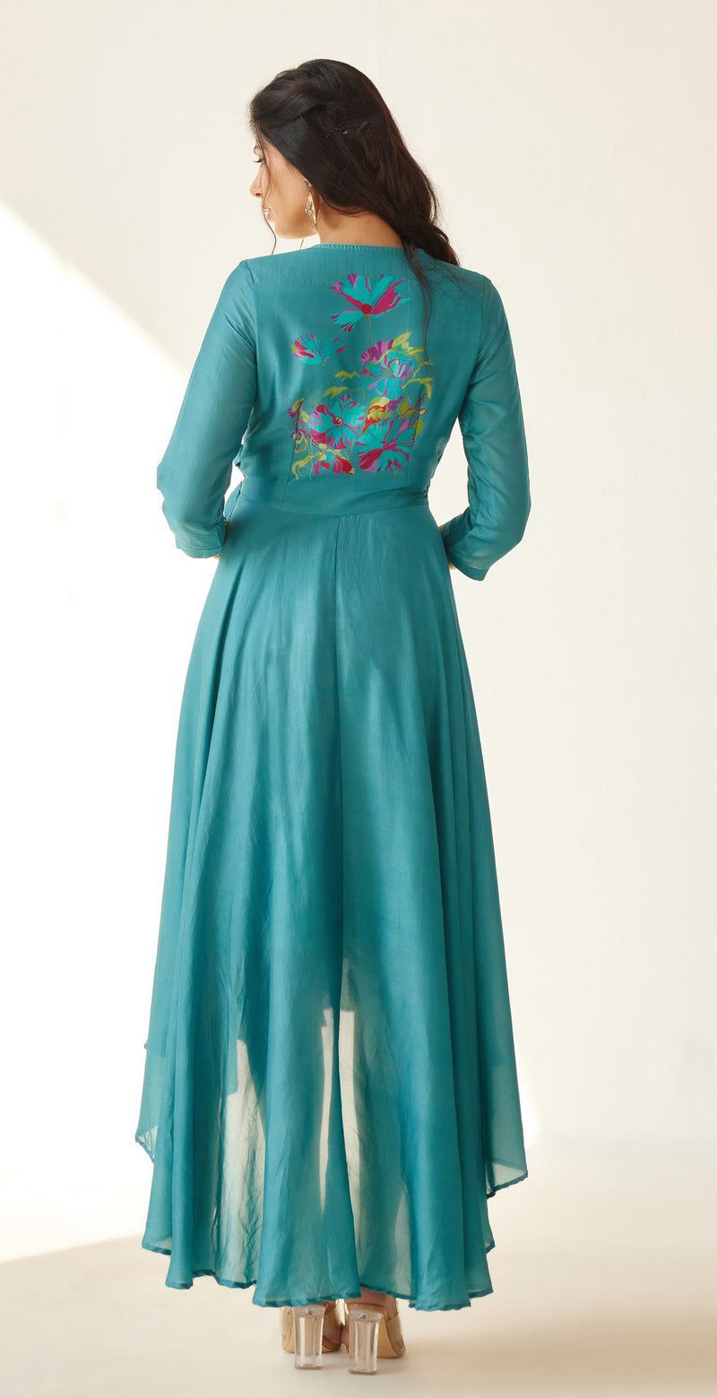 Turquoise wrap dress with floral print