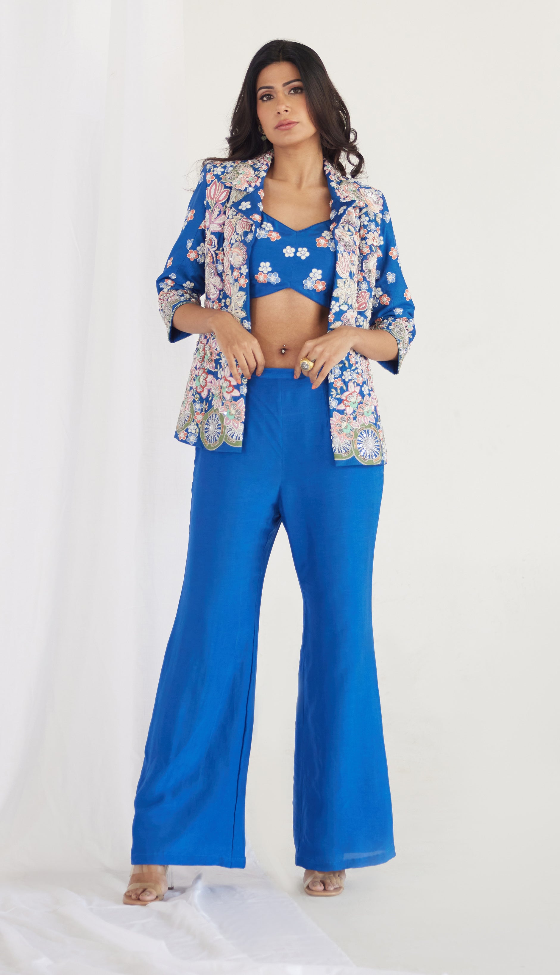 Royal Blue Blazer Bustier and BellBottom Set