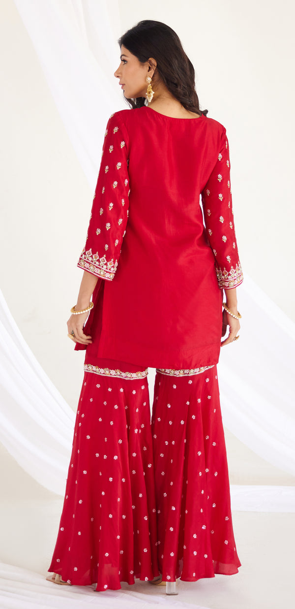 Cherry red kurta sharara set with organza dupatta