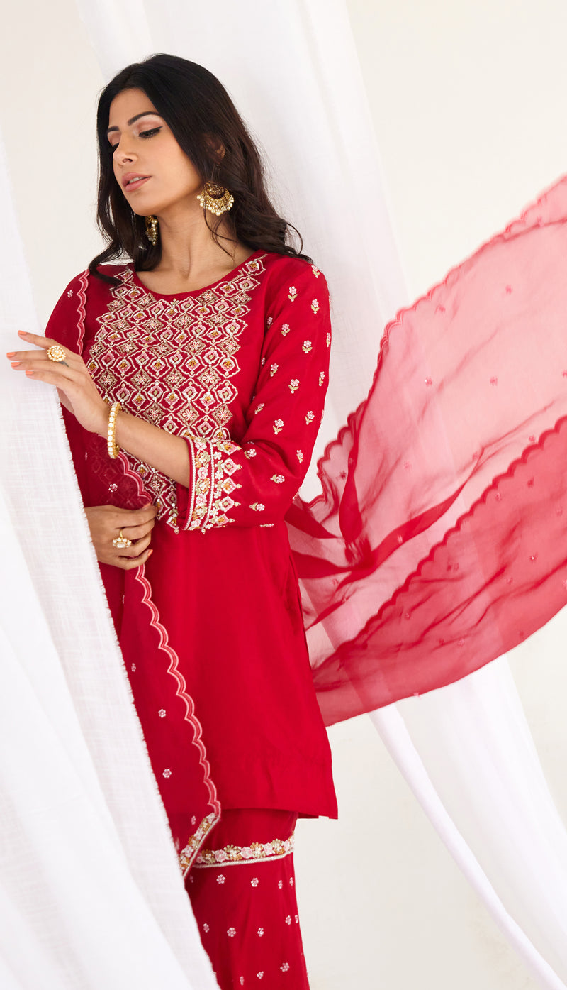 Cherry red kurta sharara set with organza dupatta