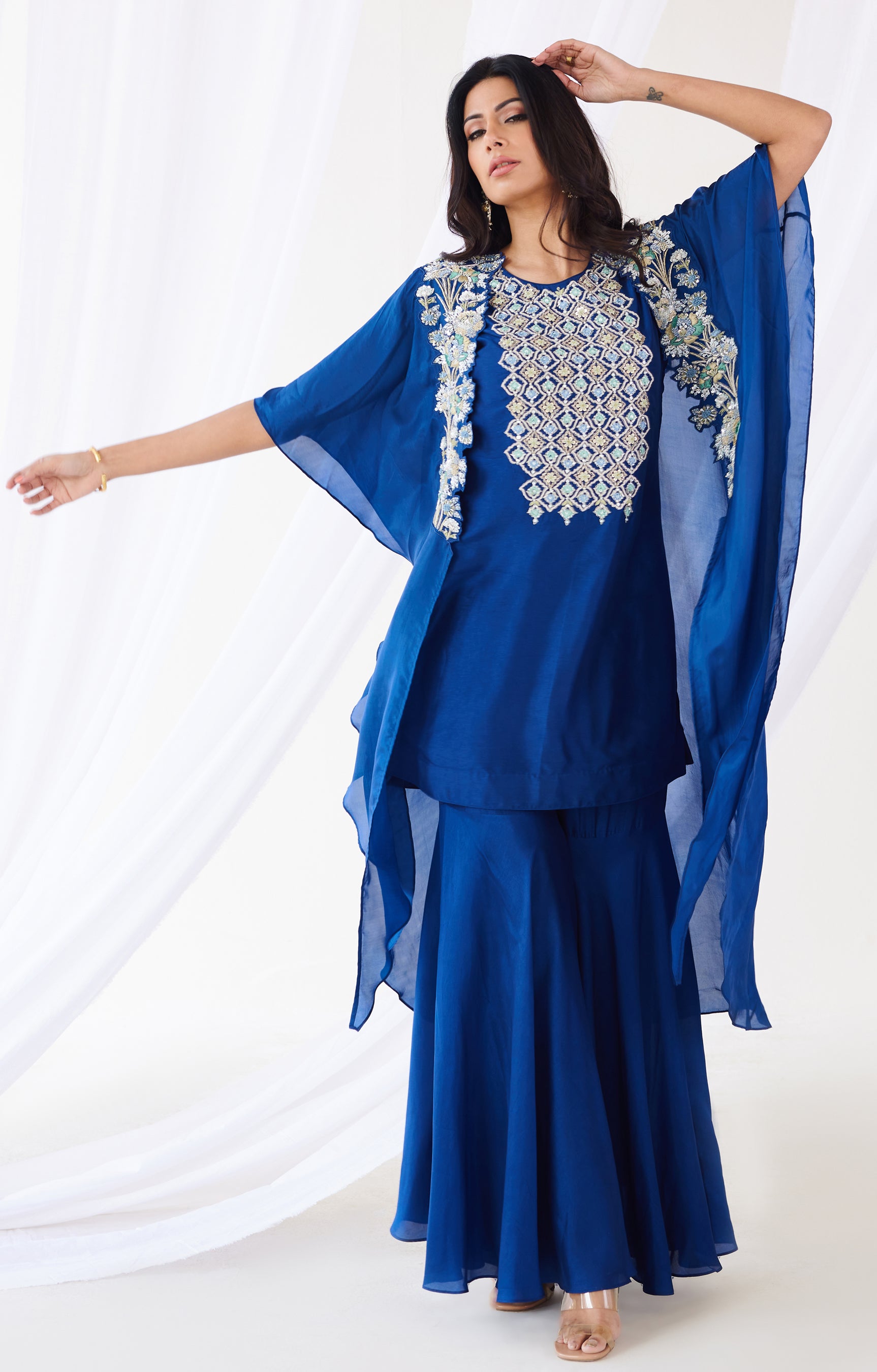 Royal blue kurta cape and sharara set