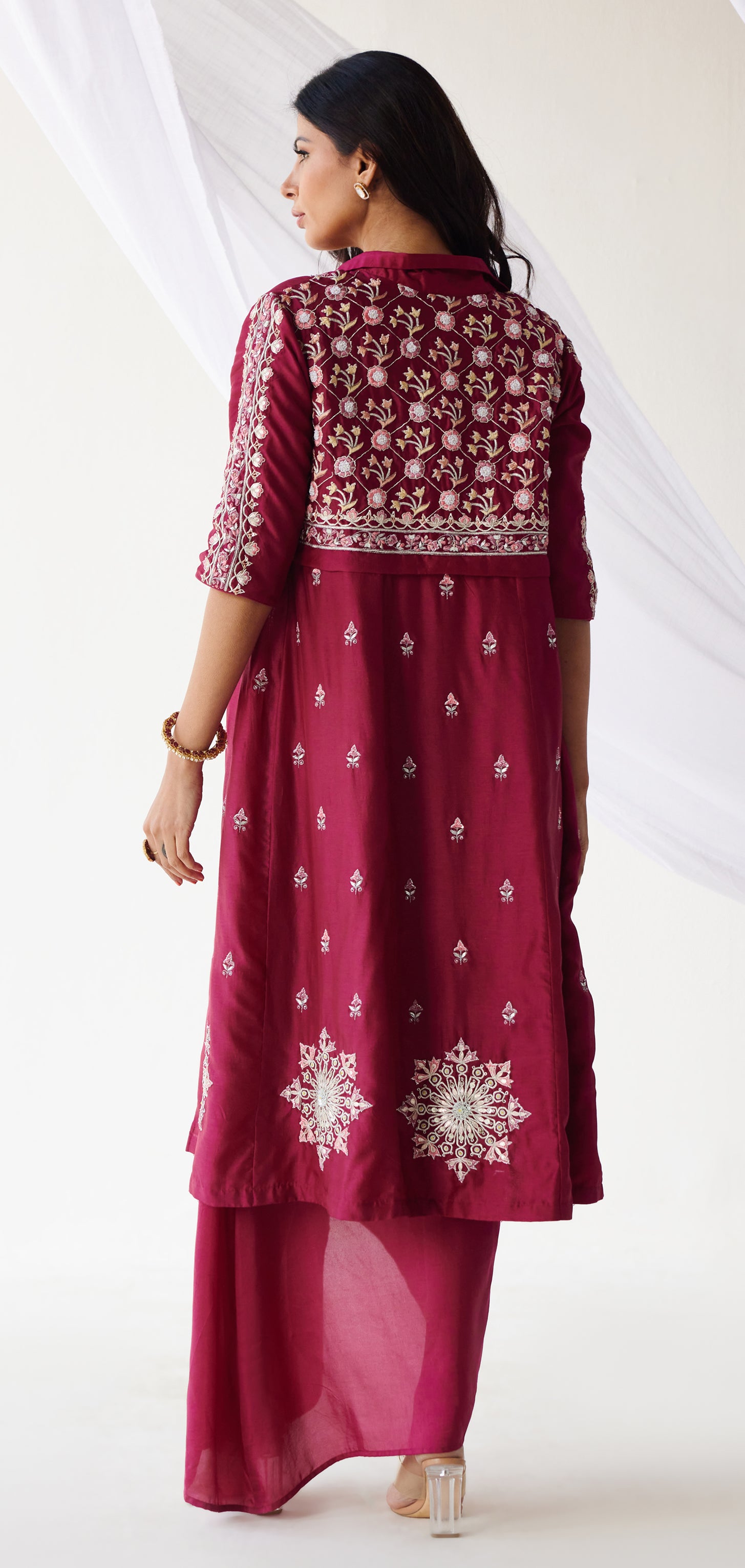 Magenta draped skirt with bustier and jacket