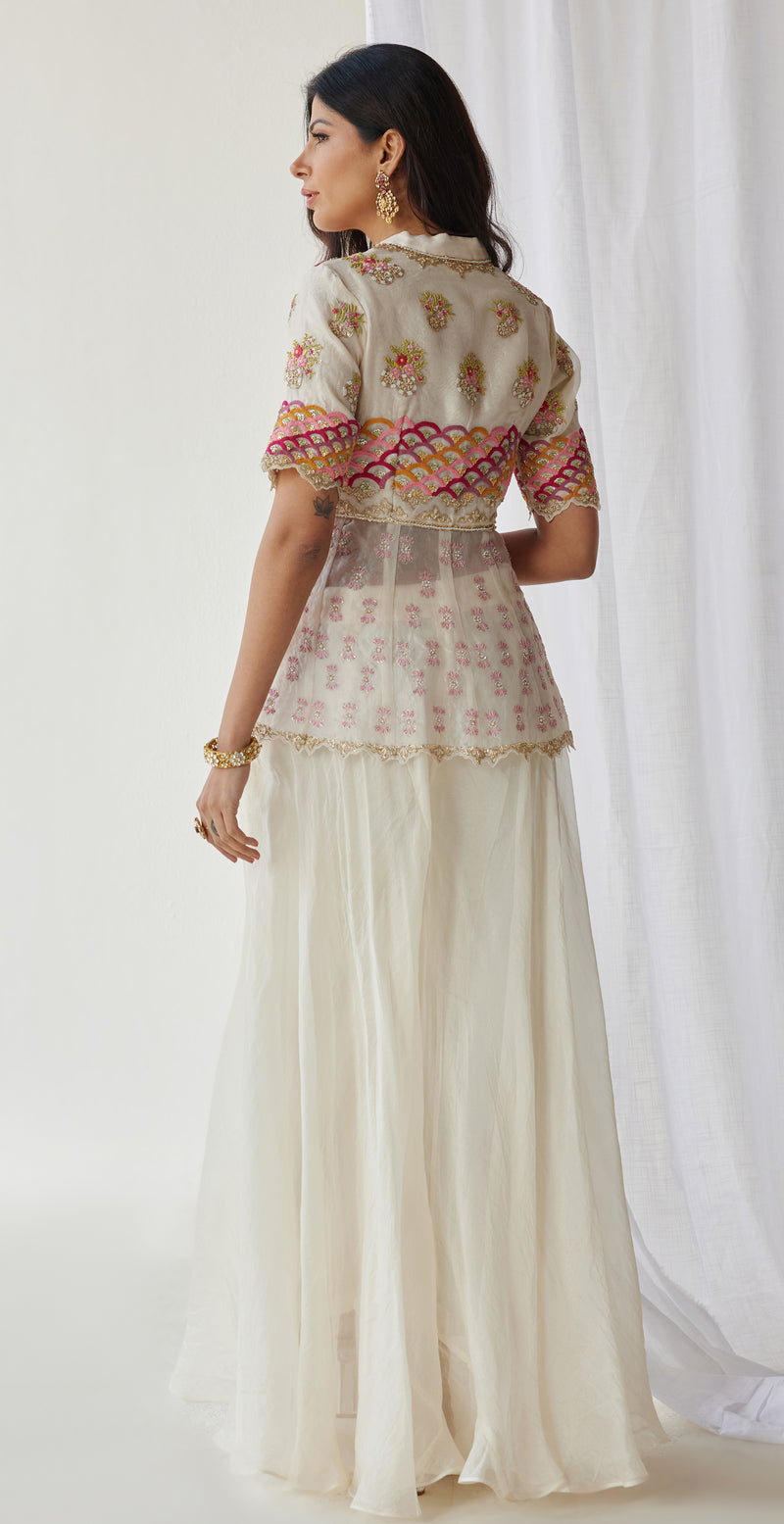 Off white peplum top and sharara with dupatta