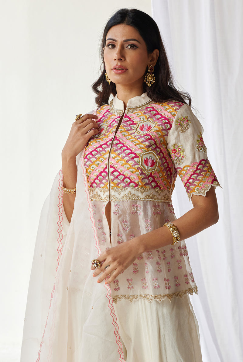 Off white peplum top and sharara with dupatta