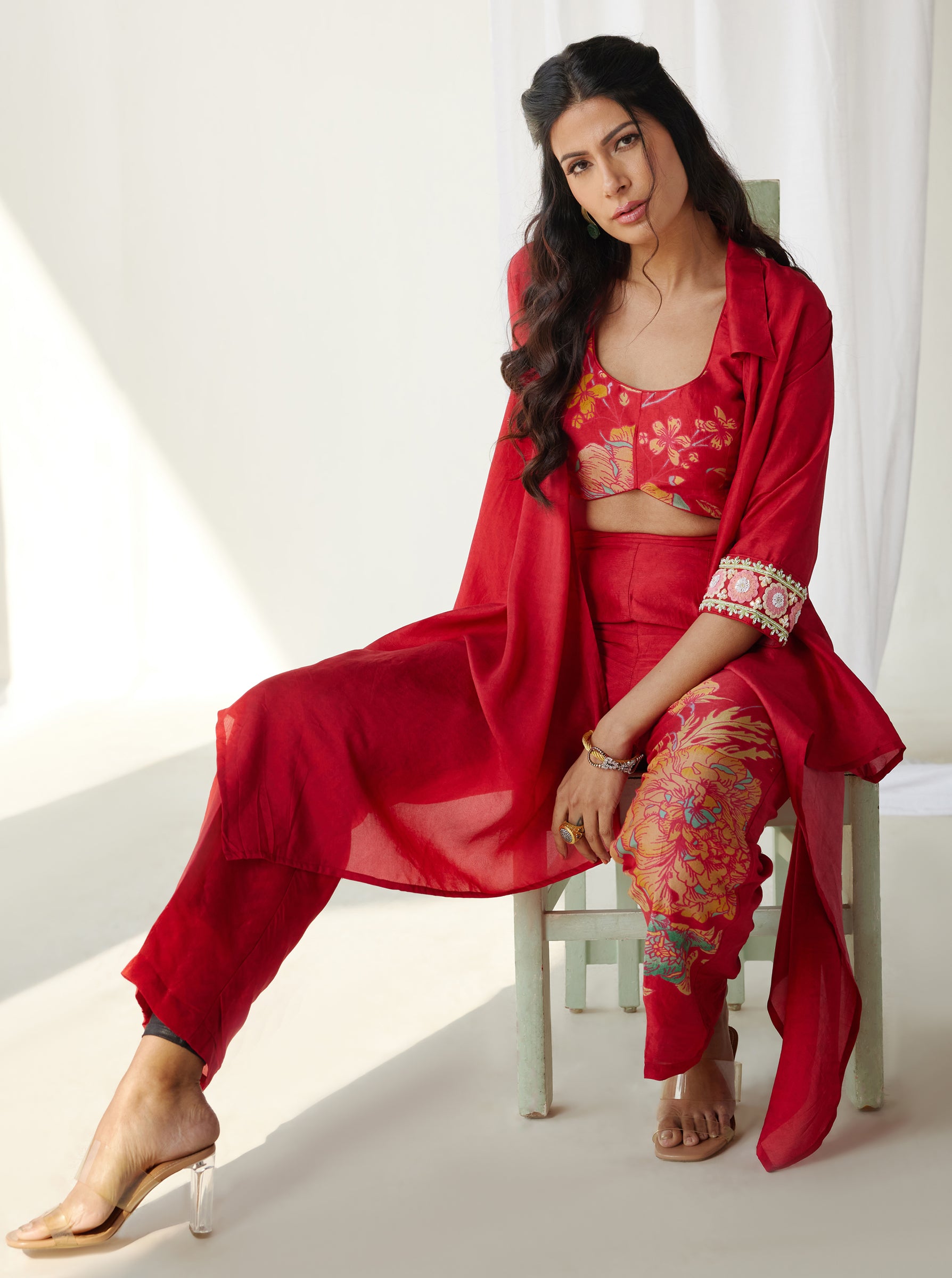 Red floral jacket bustier and pants set