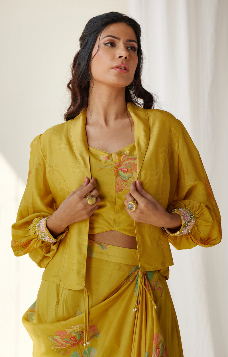 Yellow short jacket bustier and draped skirt set