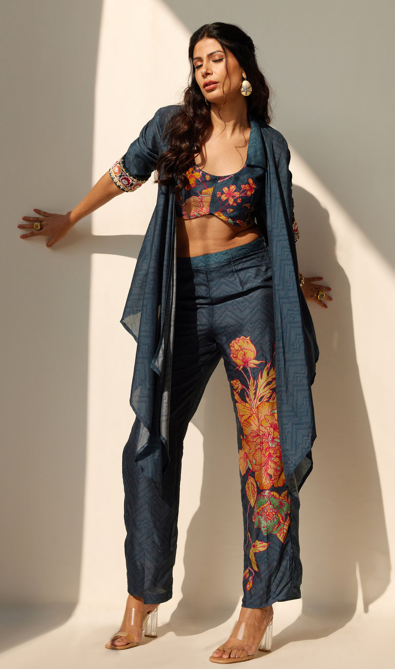 Placement printed blue floral jacket bustier and pants set
