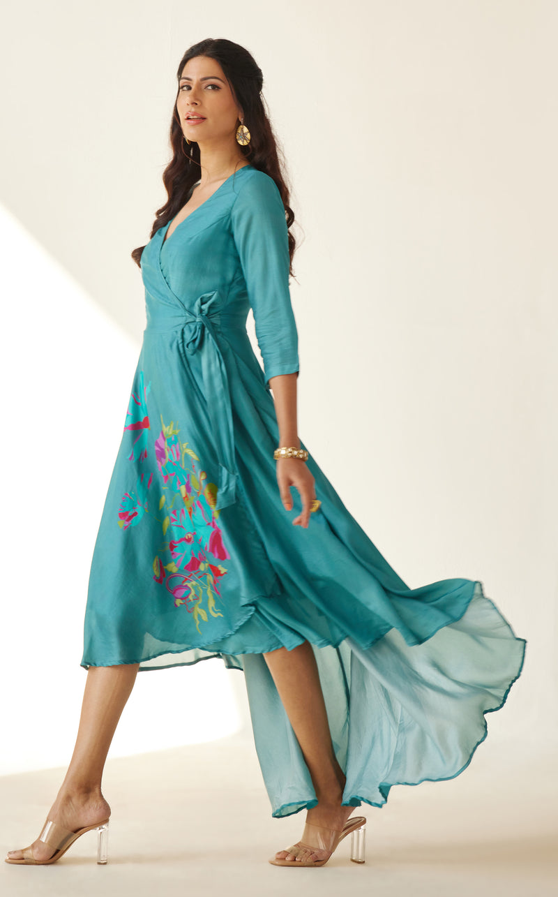 Turquoise wrap dress with floral print