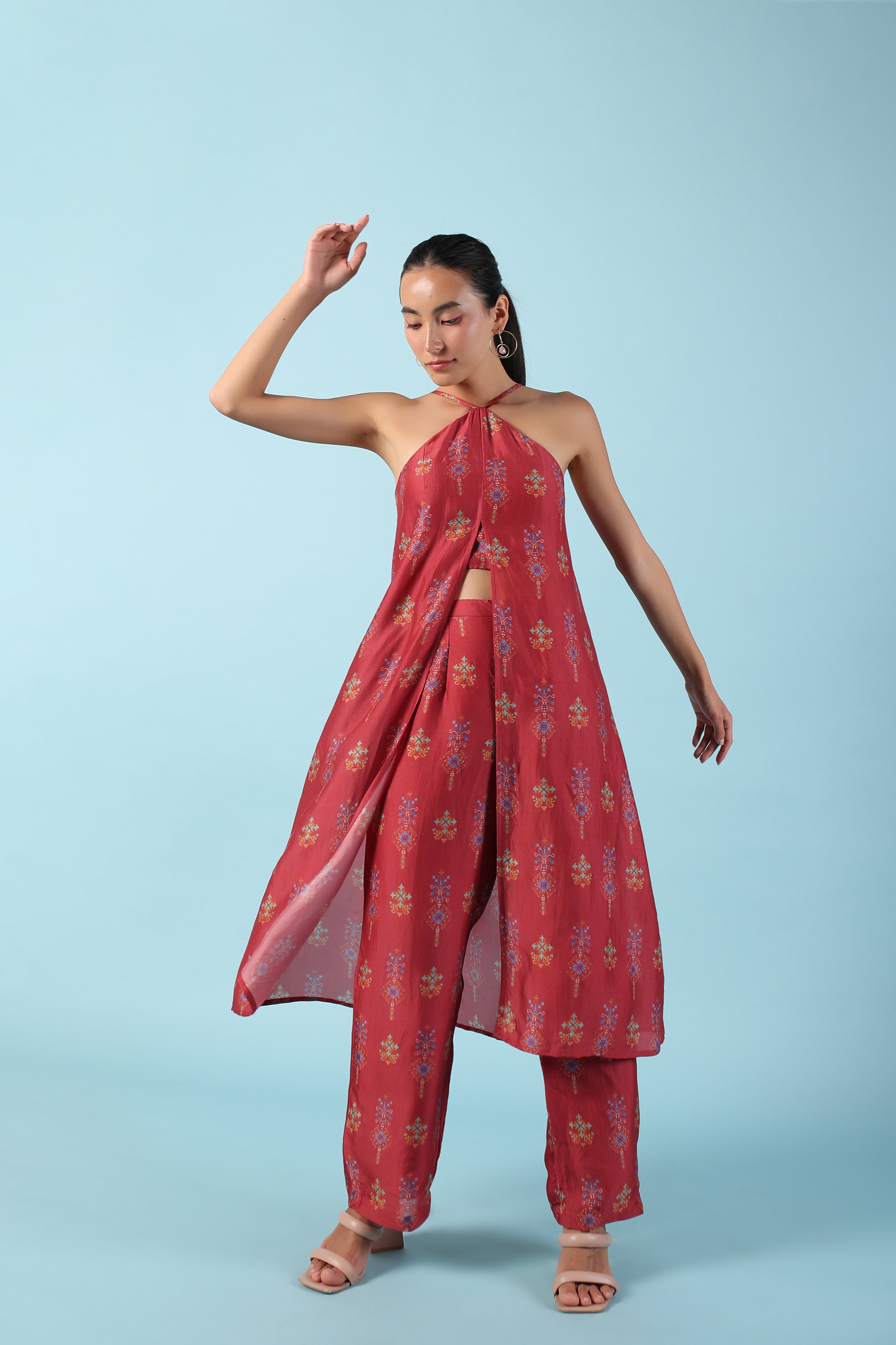 Scarlet red halter neck long tunic with pants