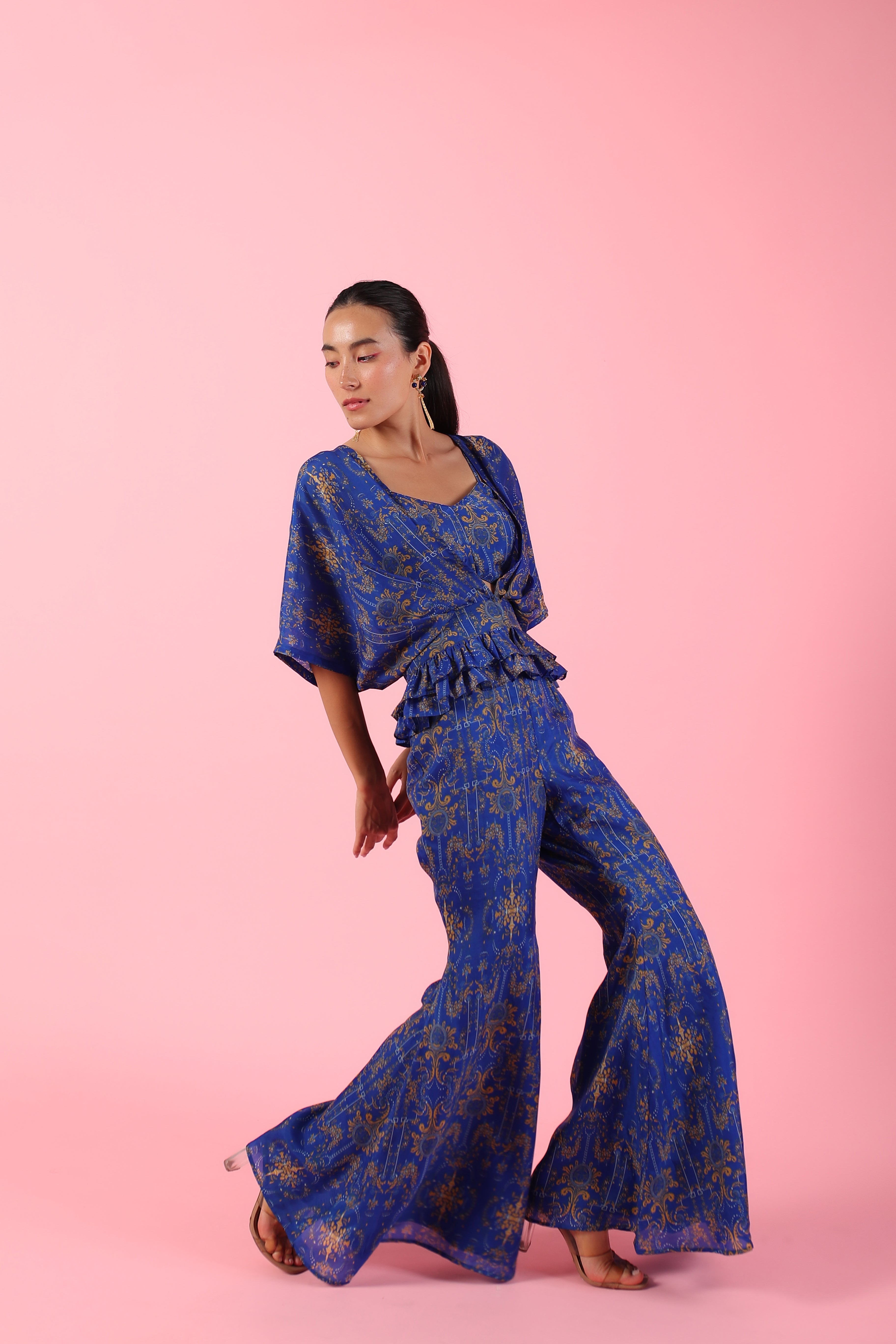 Indigo blue printed asymmetric three piece set