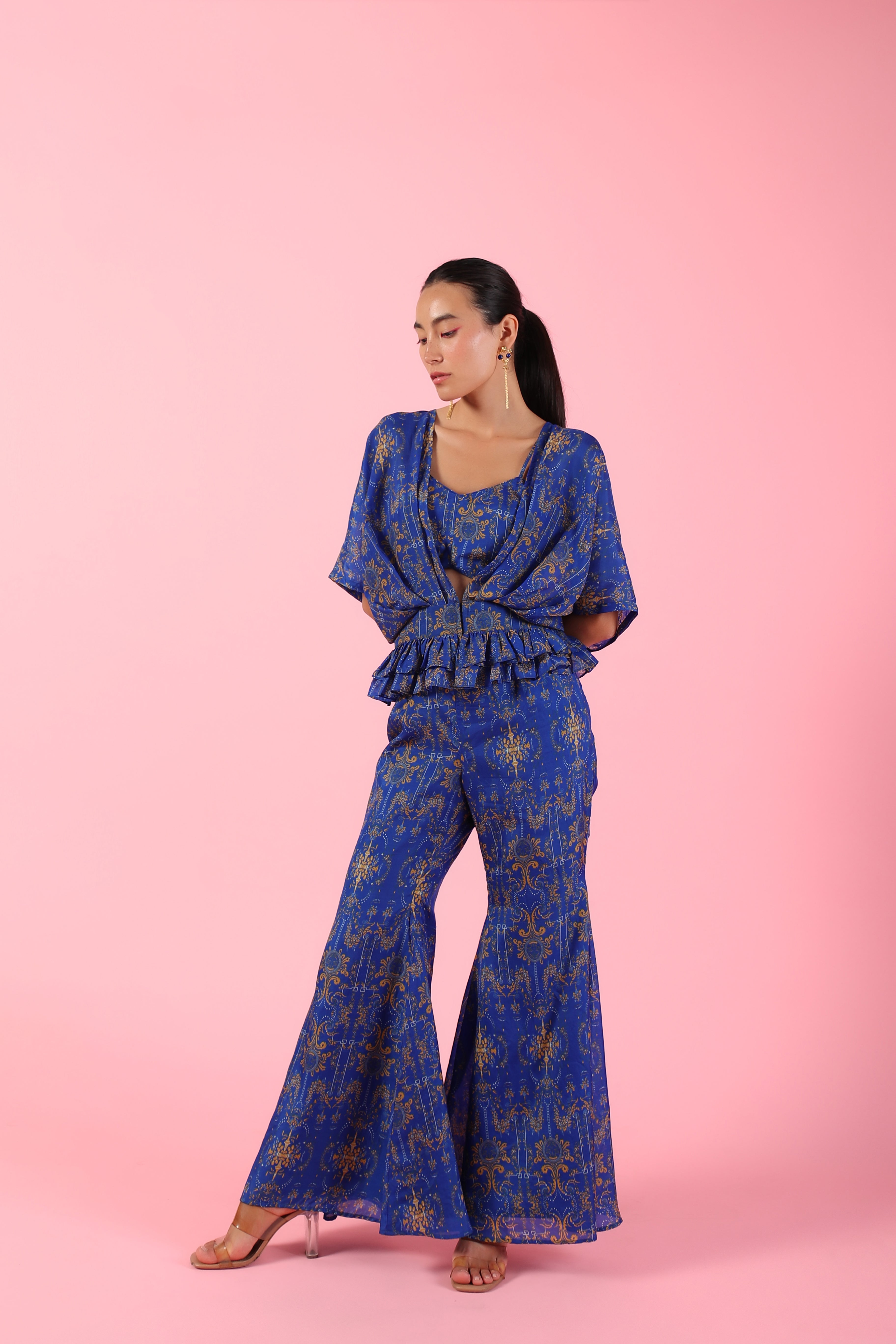 Indigo blue printed asymmetric three piece set