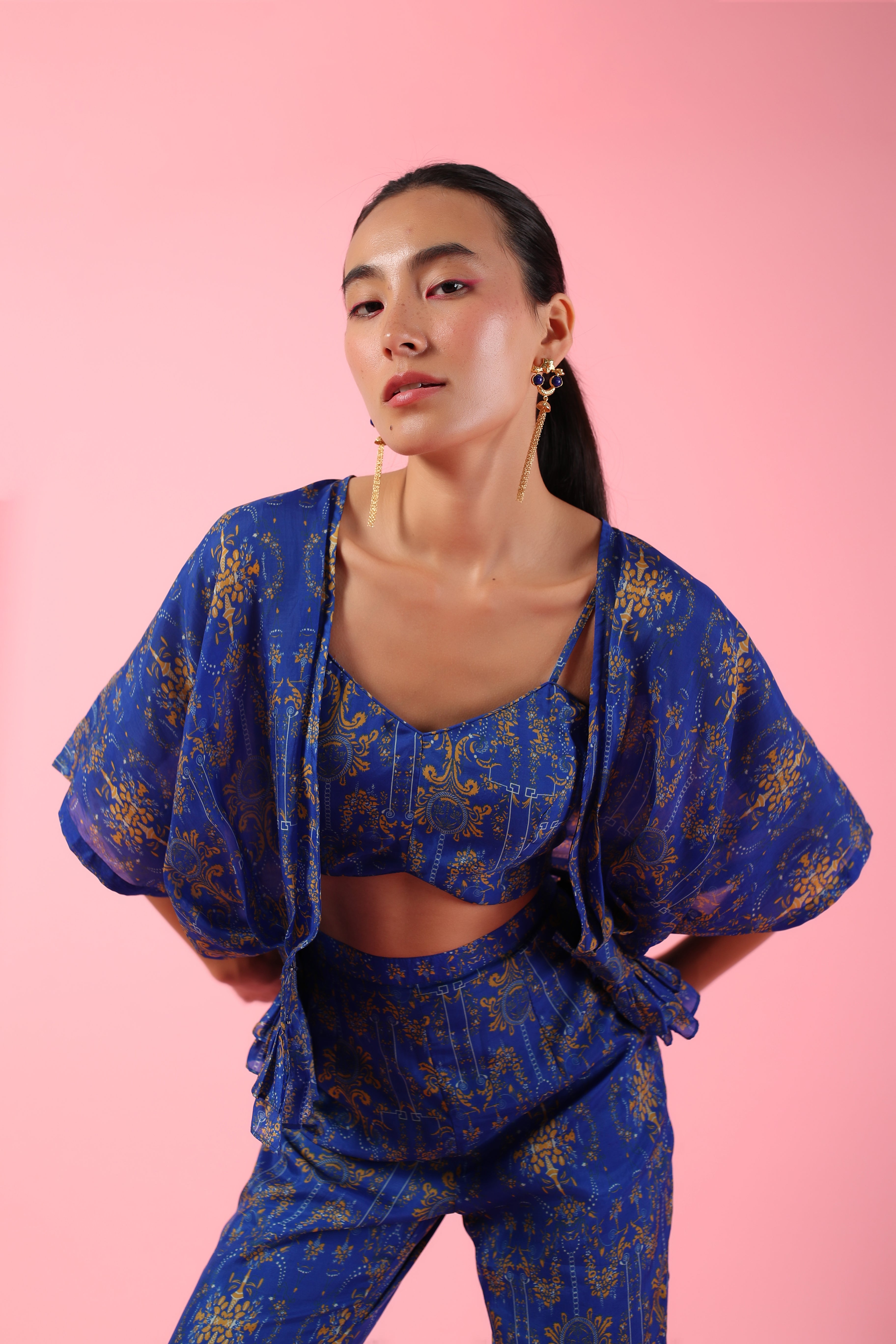 Indigo blue printed asymmetric three piece set