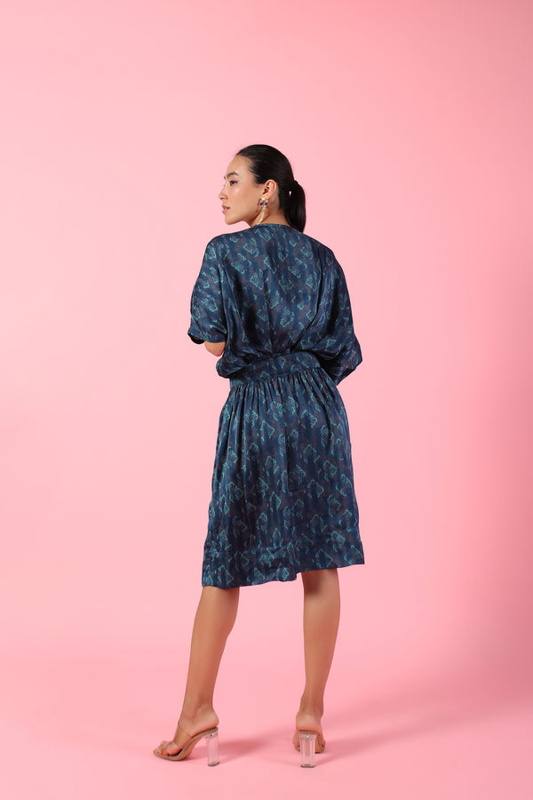 Blue Raglan sleeves printed knee length dress