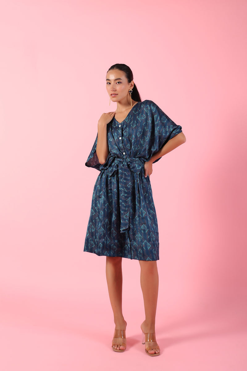 Blue Raglan sleeves printed knee length dress