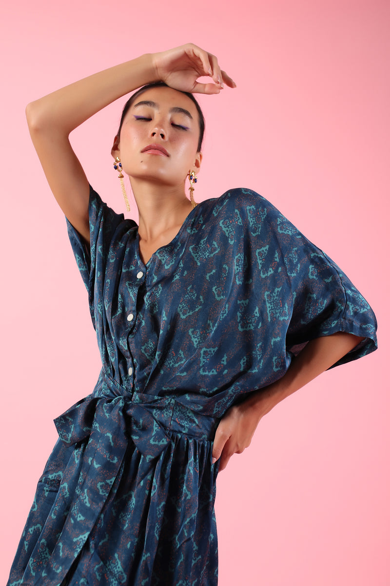 Blue Raglan sleeves printed knee length dress
