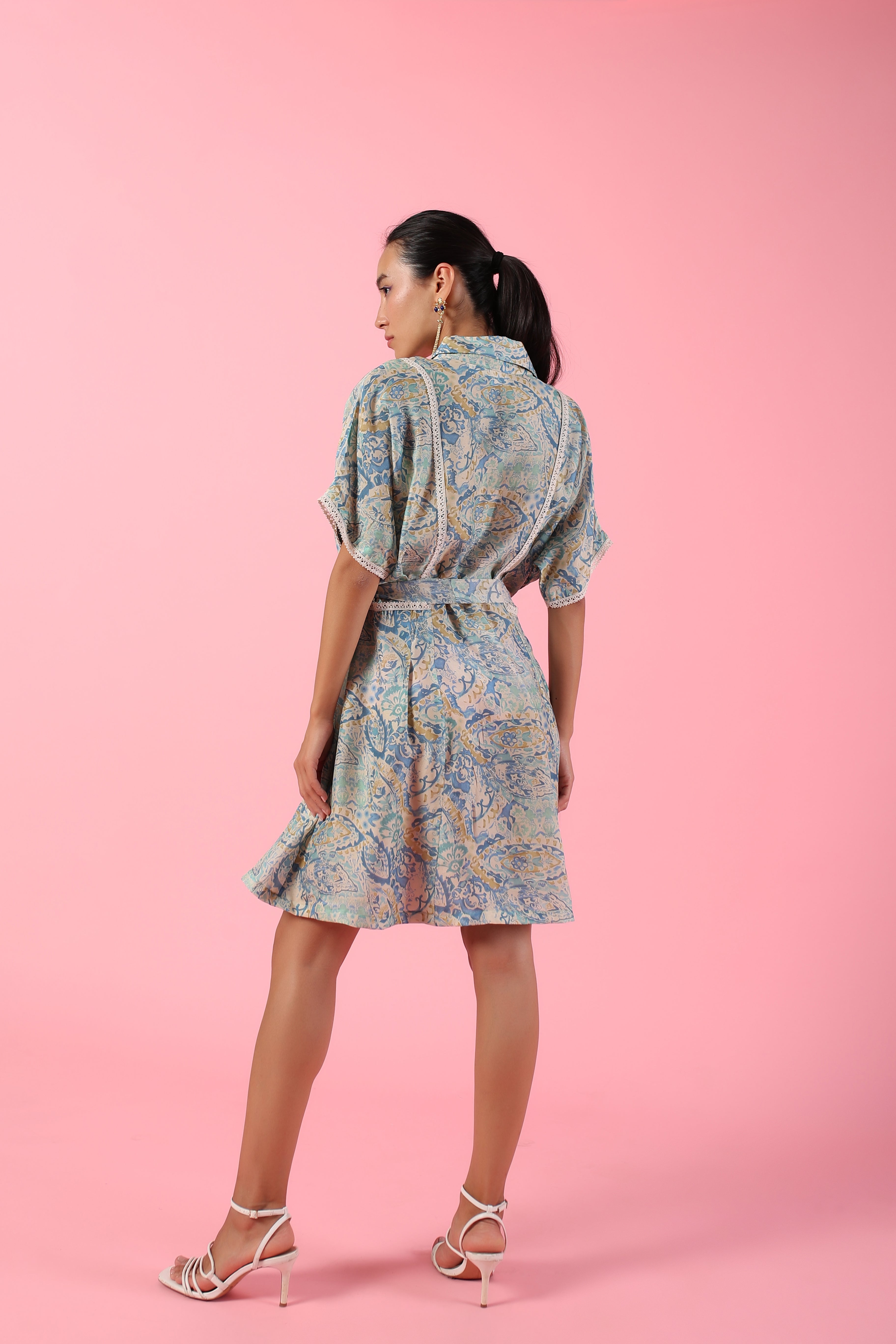 Pastel blue printed collared belted knee length dress