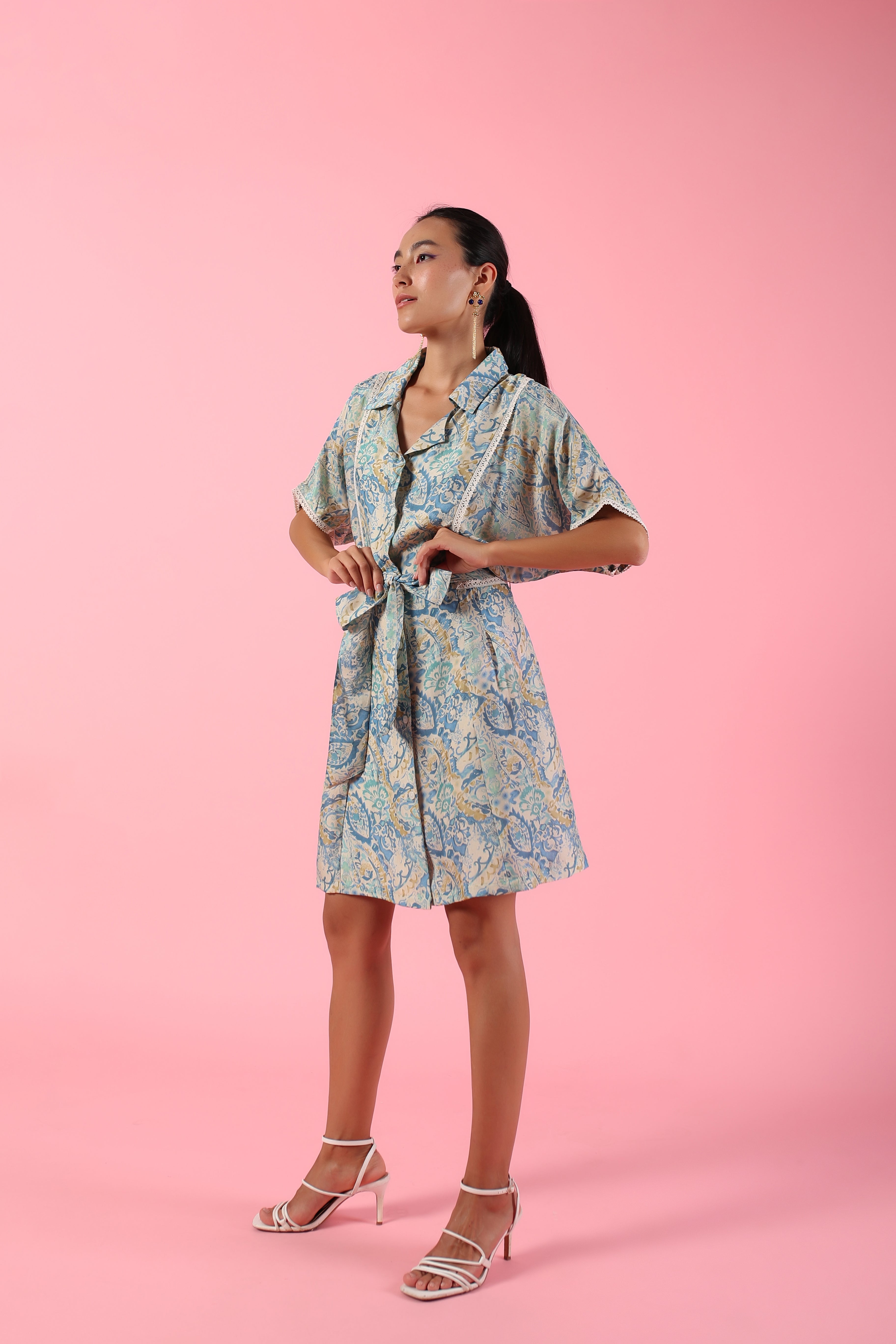 Pastel blue printed collared belted knee length dress