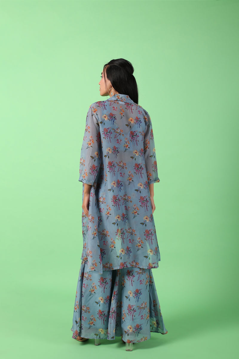 Pastel blue floral printed jacket bustier and pants set