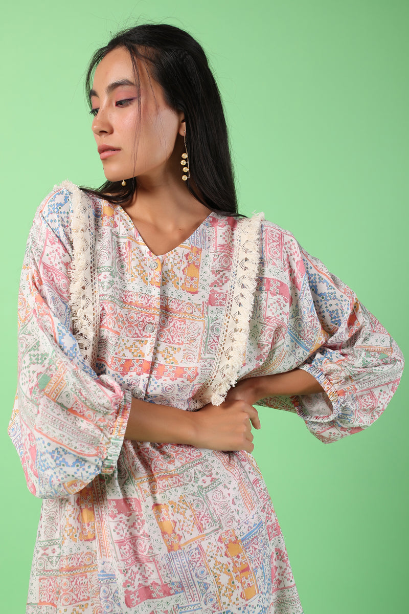 Pastel Printed Raglan Sleeves Dress