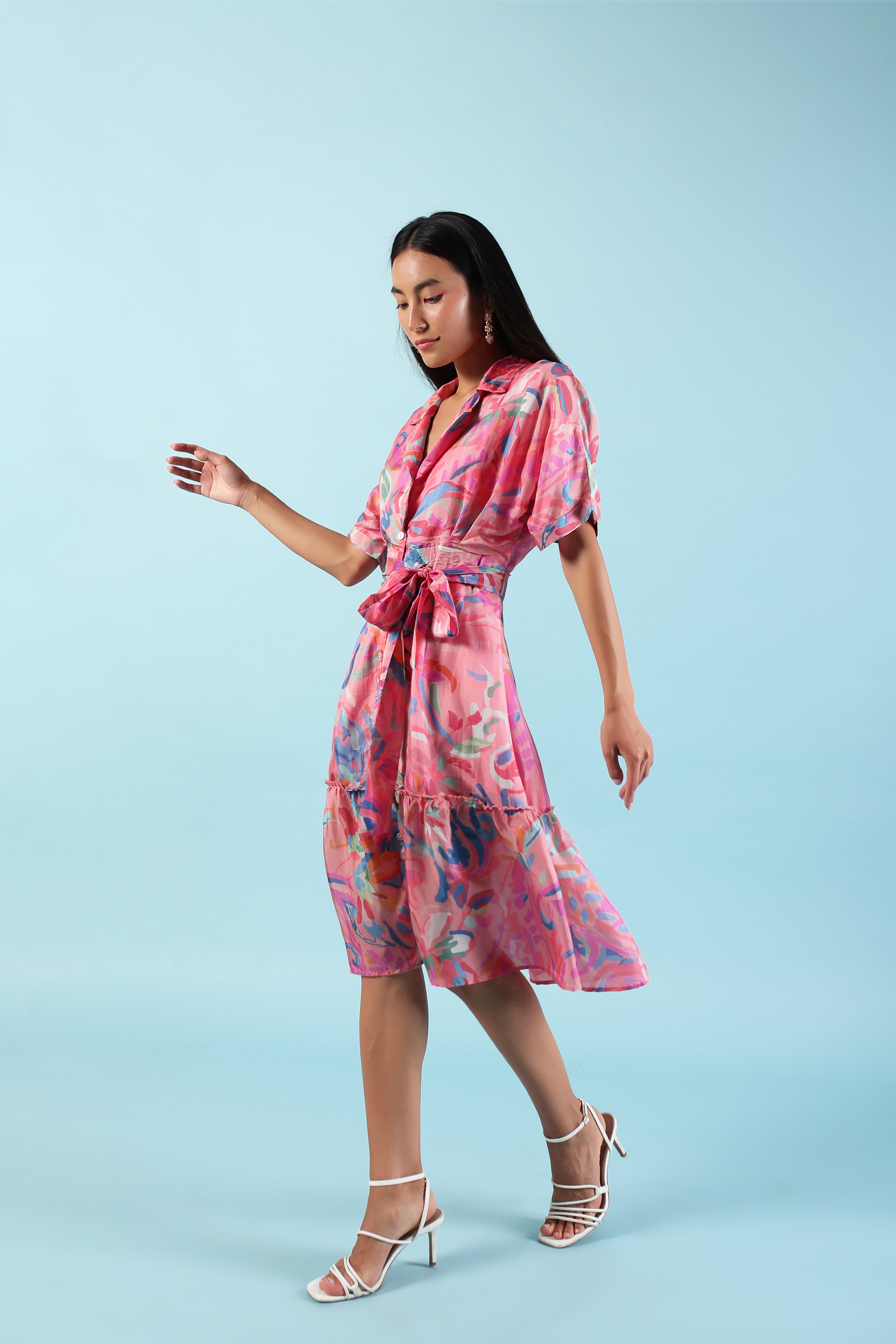 Pink midi printed summer silk dress