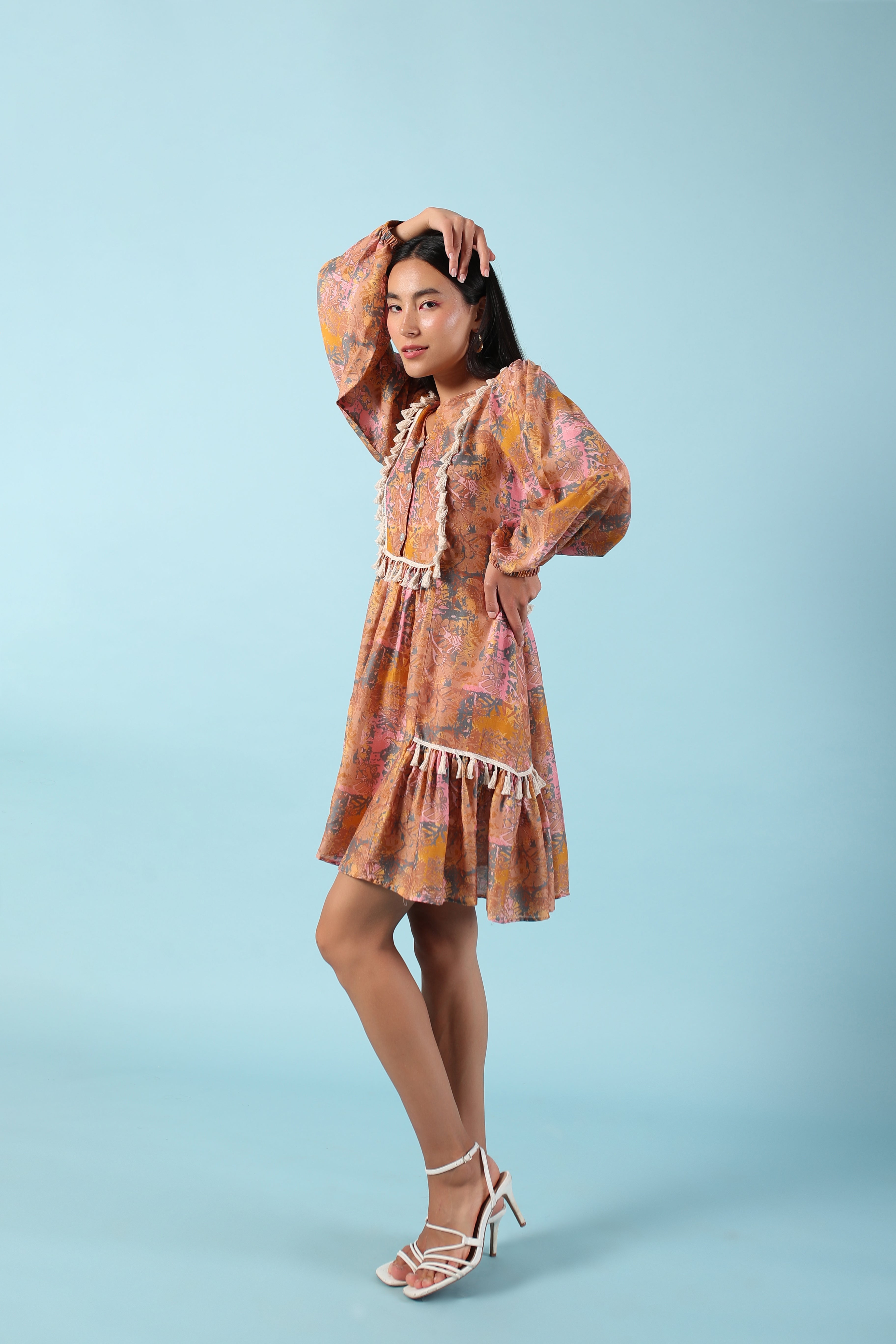 Caramel abstract printed knee length dress