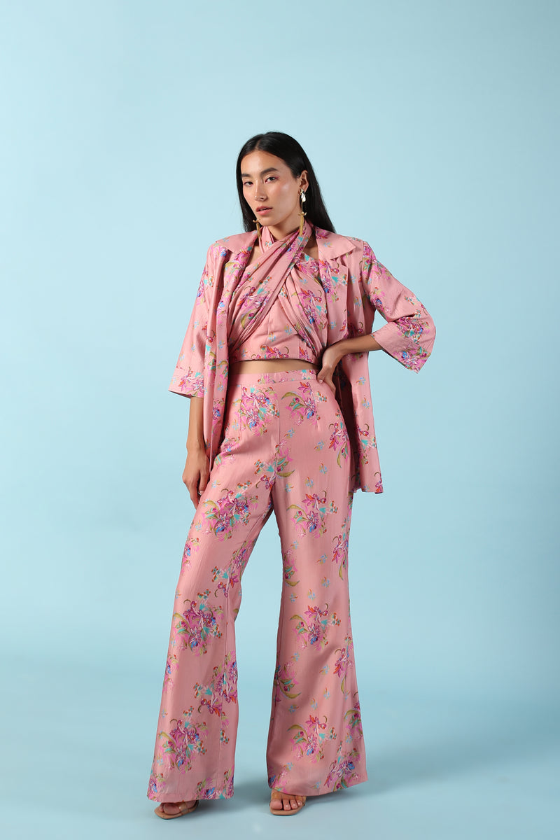 Pastel pink halter neck bell bottom pants and jacket set