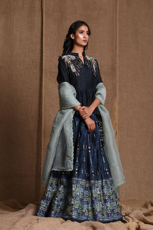 Embroidered shoulder top lehenga and dupatta set