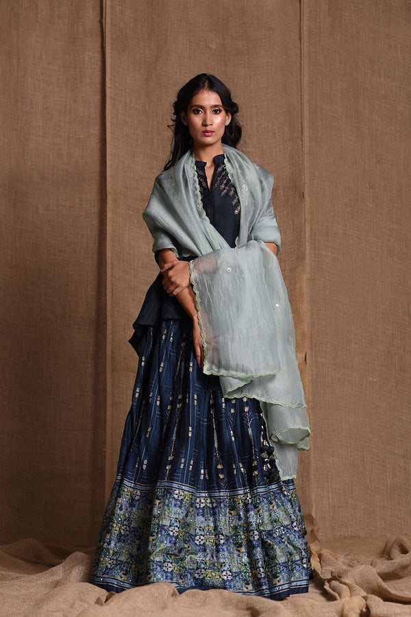 Embroidered shoulder top lehenga and dupatta set