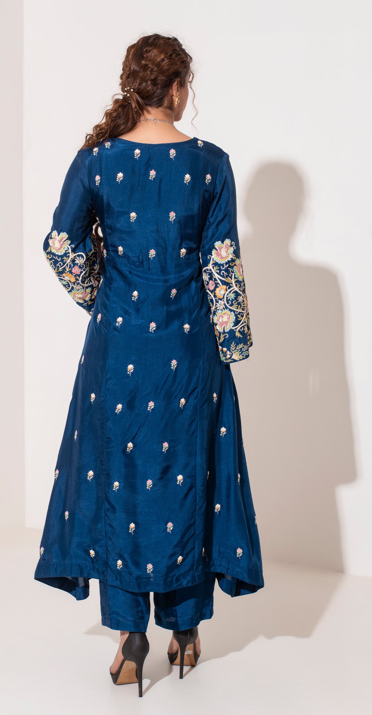 Heavy Resham and zardozi embroidered indigo blue suit with organza dupatta and pants