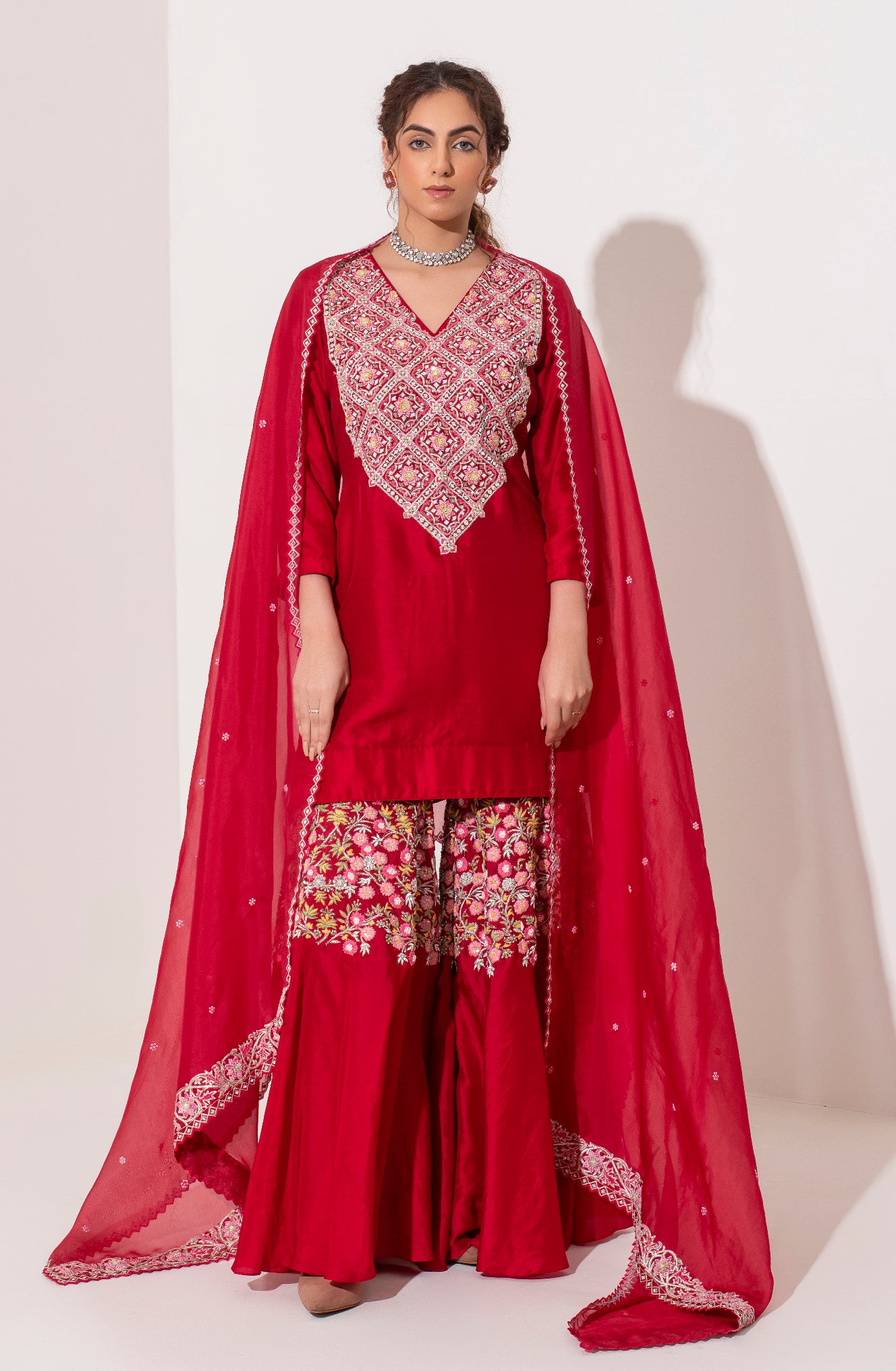 Red heavy Resham zardozi embroidered kurta and sharara with dupatta