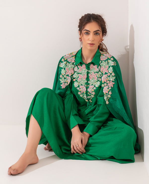 Emerald green draped skirt with cape and shirt