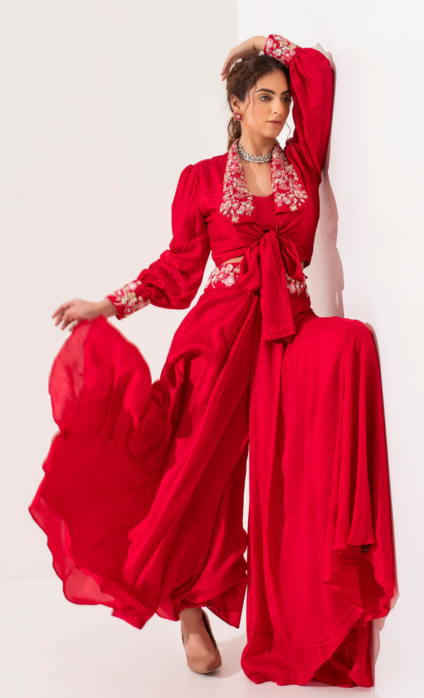 Scarlet red shirt knot top with biased sharara.