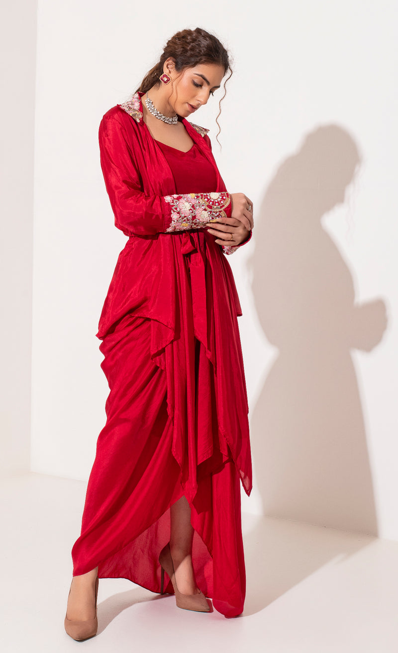 Cherry red asymmetric jacket draped skirt and bustier