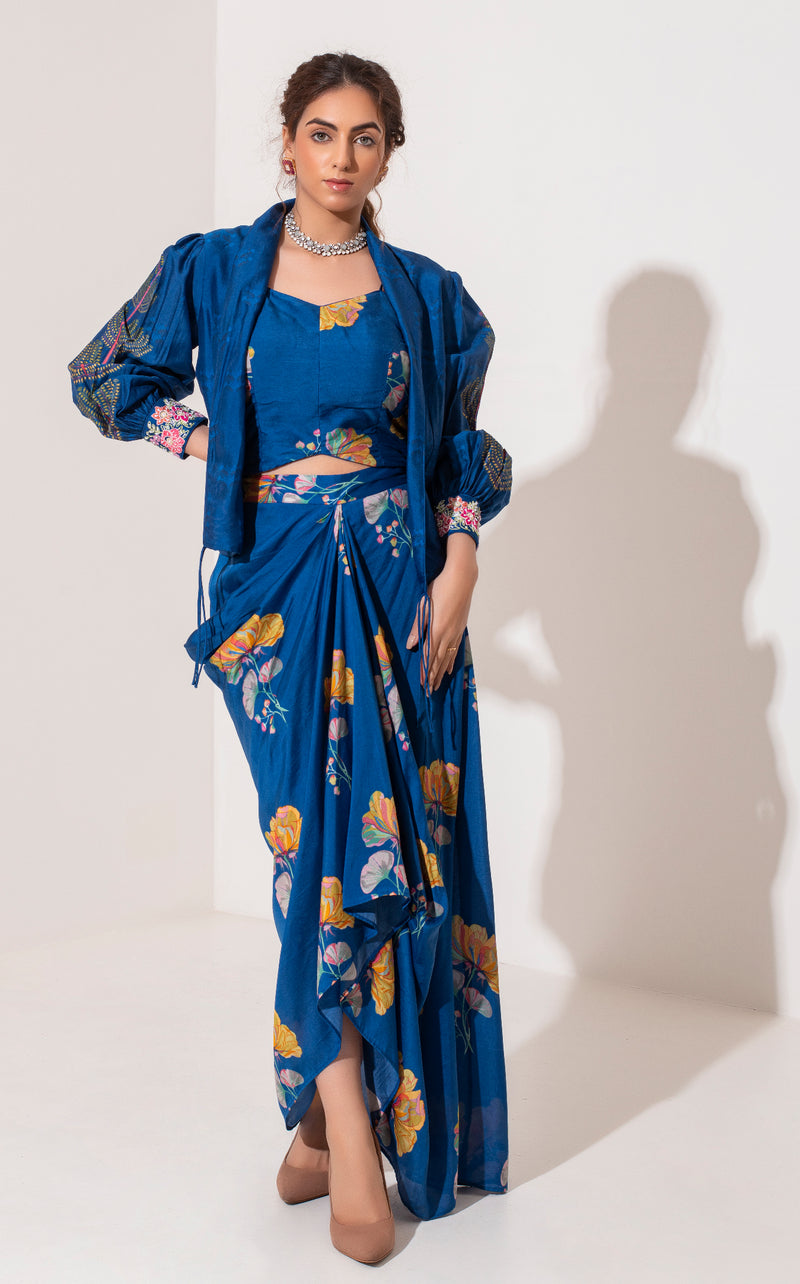 Indigo blue placement printed short jacket with draped skirt and crop top.