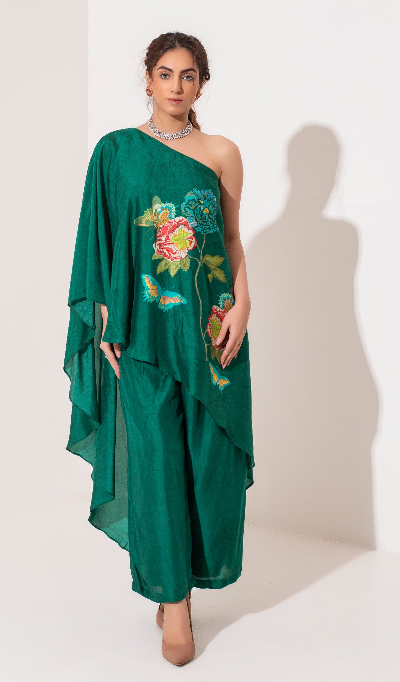 Emerald green placement Printed one shoulder top and pants