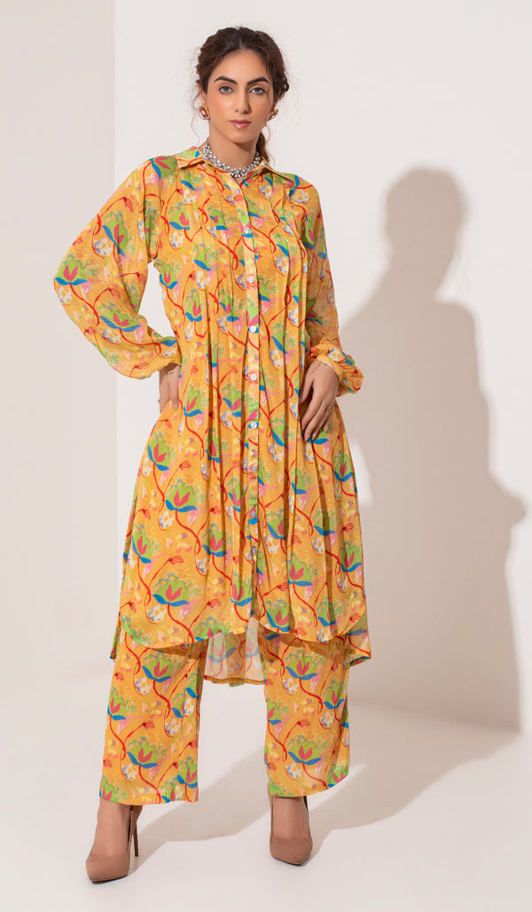 Yellow printed wrinkle crepe kurta and pants set