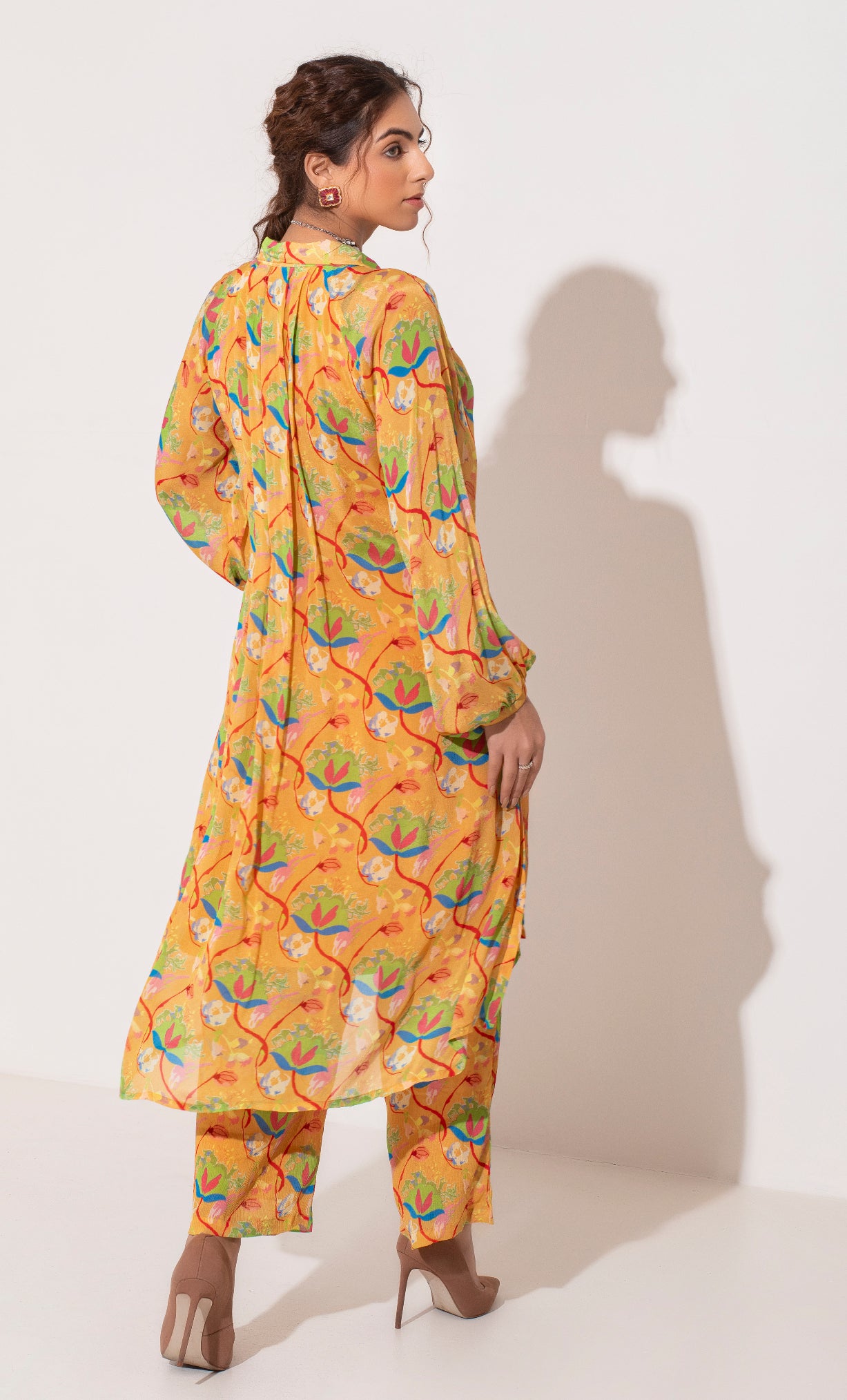 Yellow printed wrinkle crepe kurta and pants set