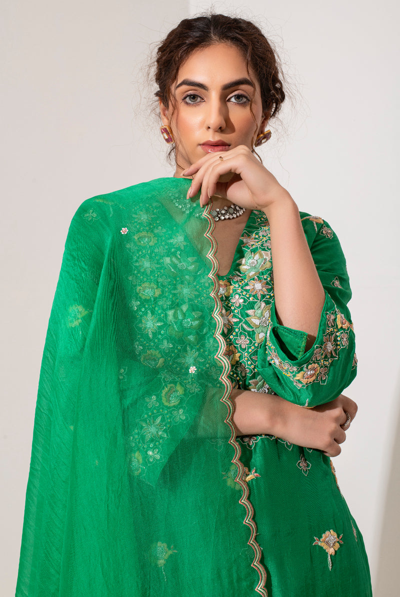 Parrot green Resham and zardozi embroidered kurta pants and dupatta set