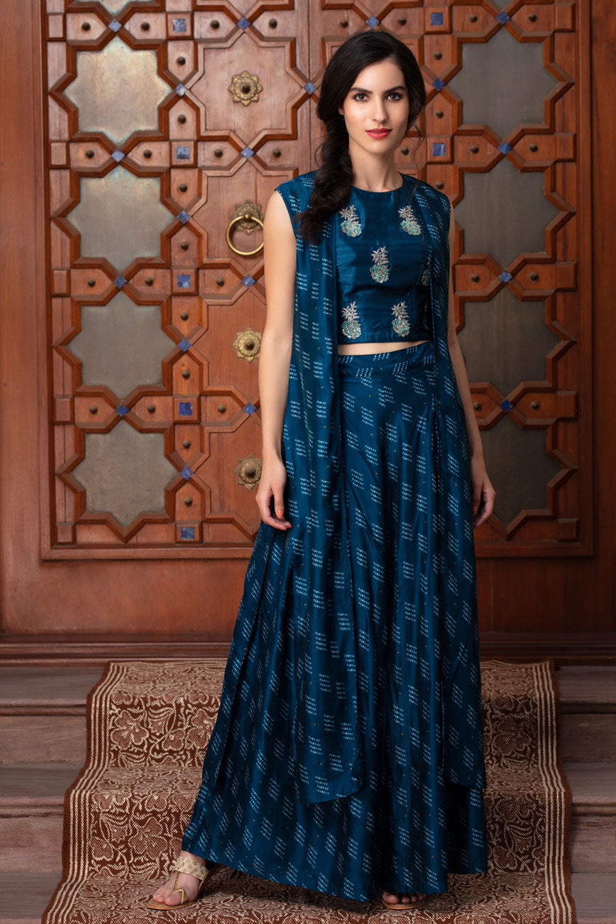 Midnight Blue crop top with bandhani print cape and pants
