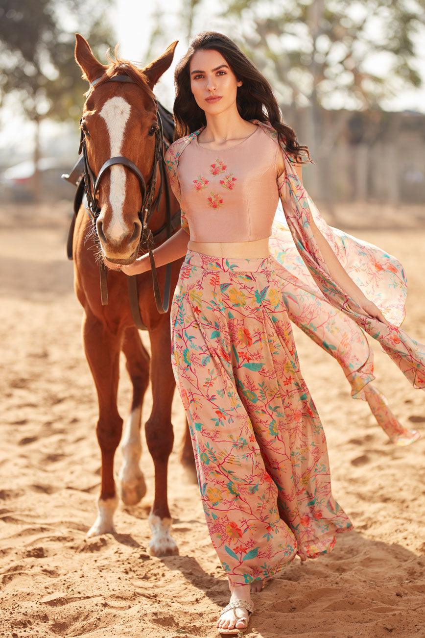 Printed cape and pants with crop top