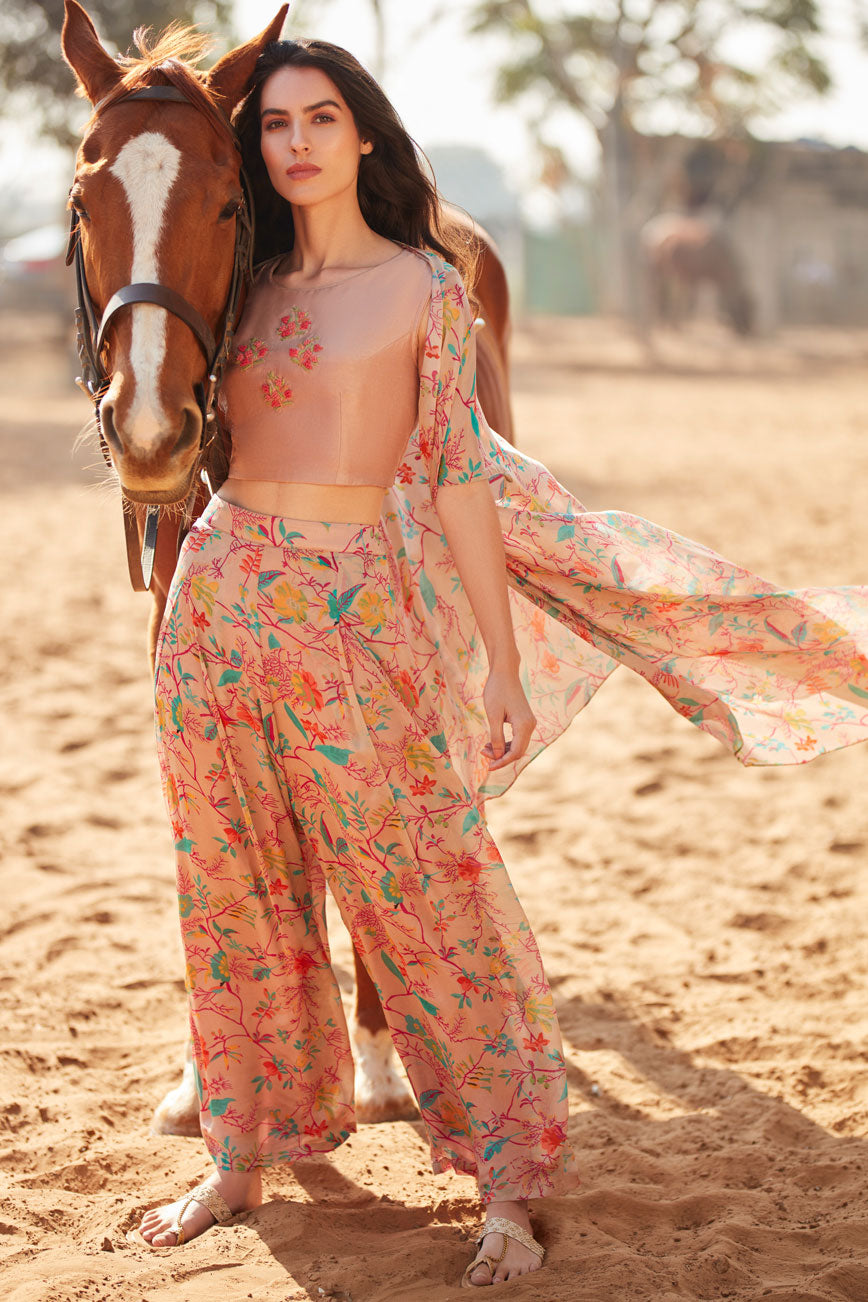 Printed cape and pants with crop top