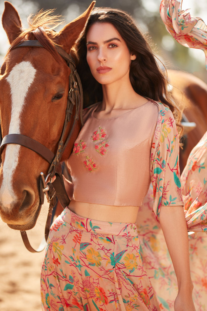 Printed cape and pants with crop top