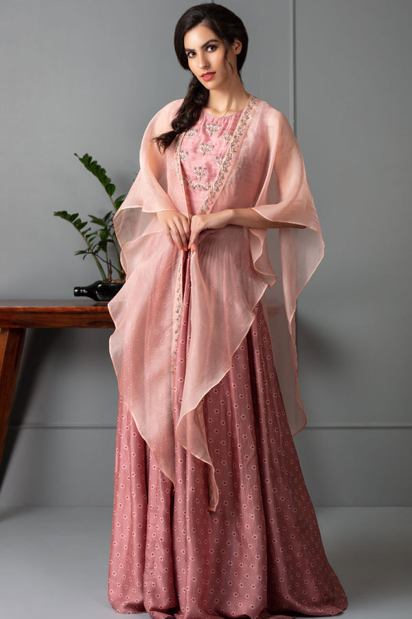 Peach printed Organza indo western