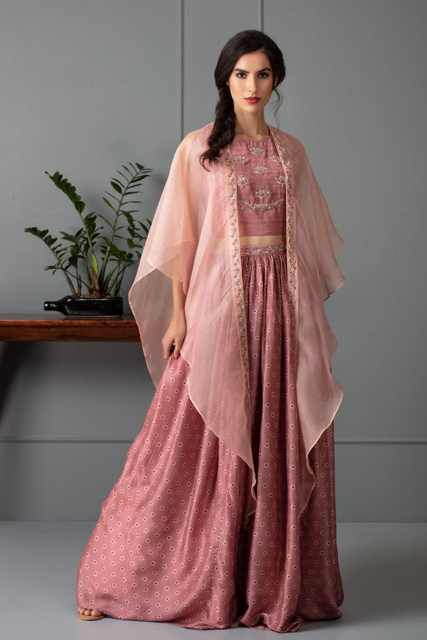 Peach printed Organza indo western