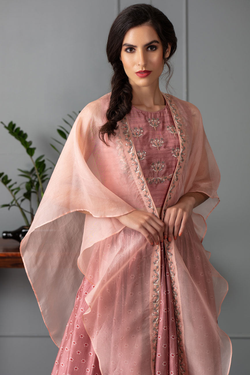 Peach printed Organza indo western