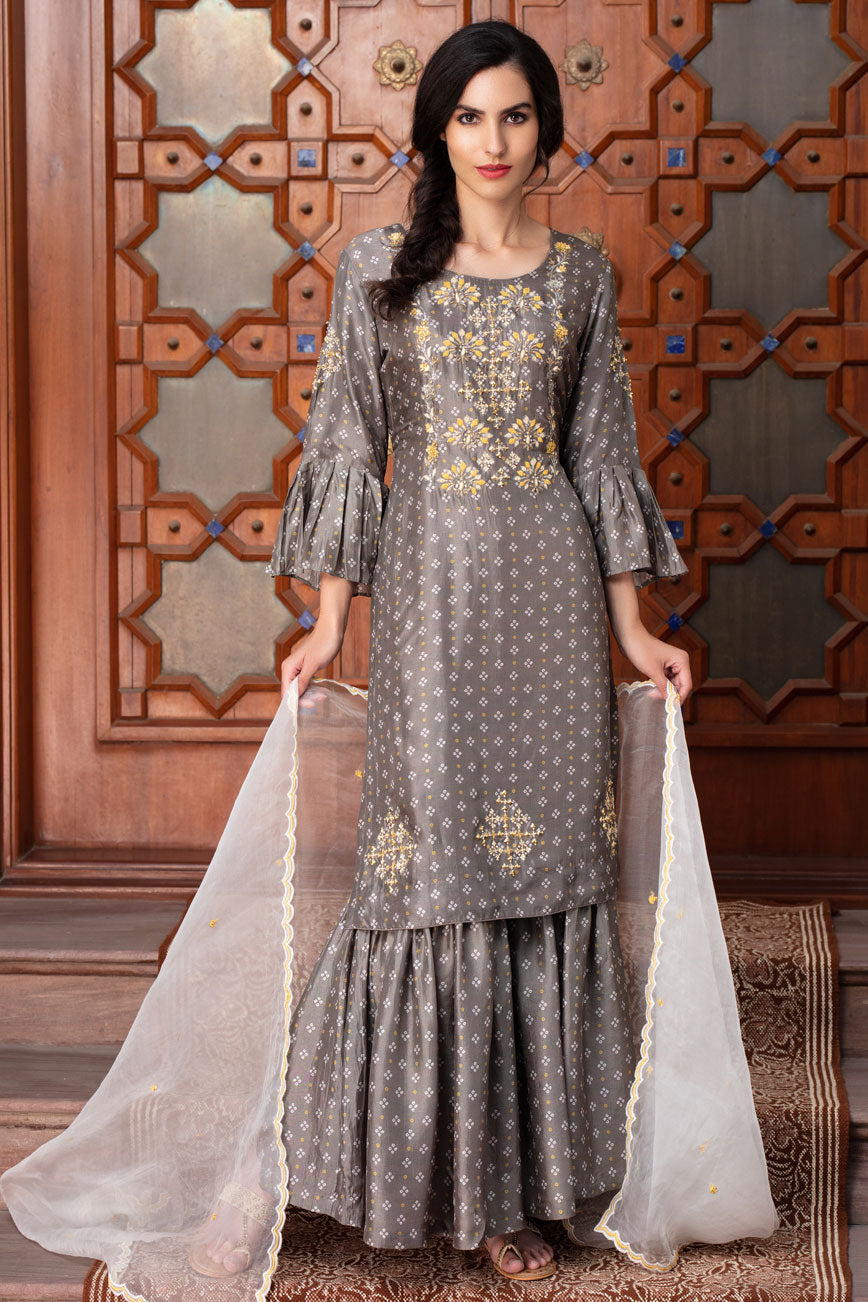 Printed embroidered sharara set