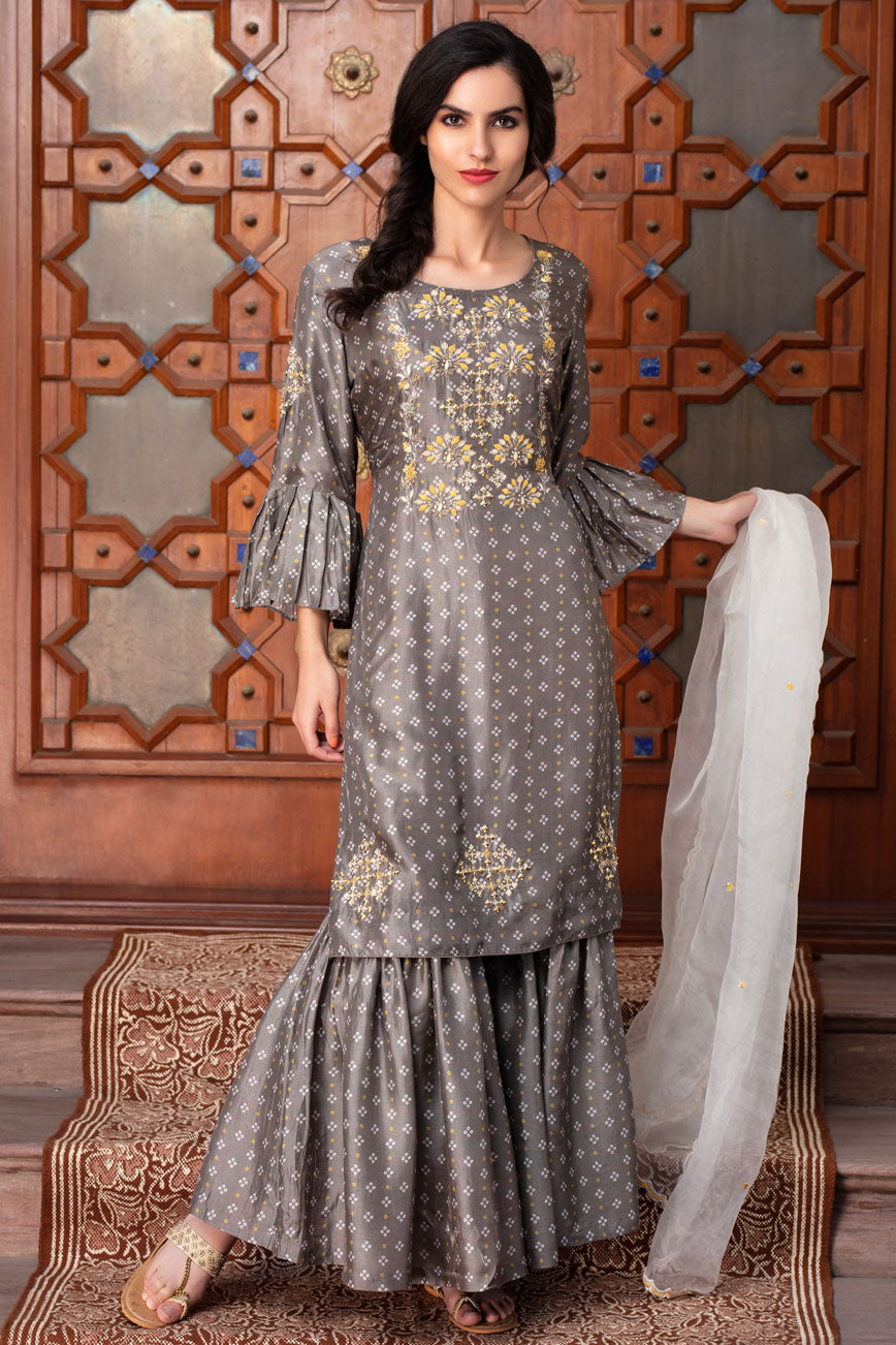 Printed embroidered sharara set