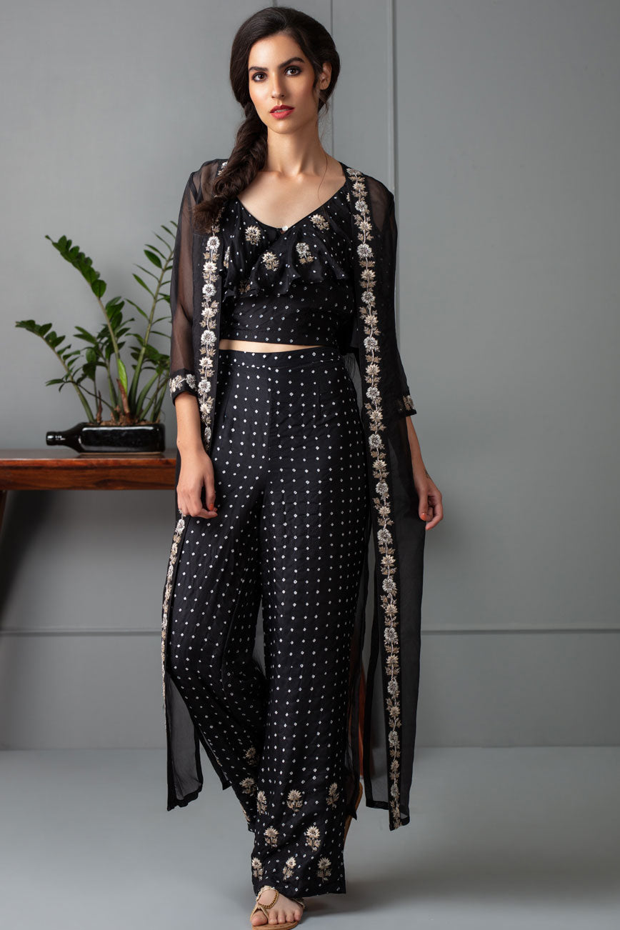 Black bandhani frill crop top pants and cape